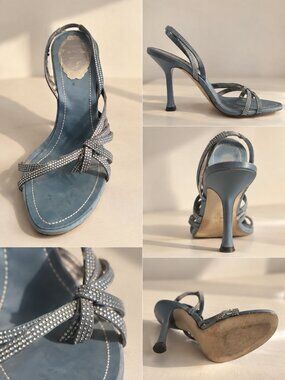René Caovilla Crystal Strappy Heels Blue Silver Sandals EU 38.5 US 8.5